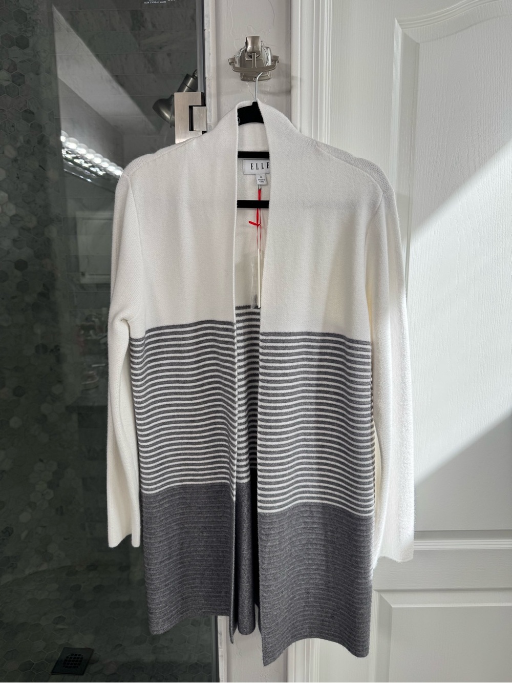 ELLE Long Cardigan Sweater Gray White Striped Open Front NWT